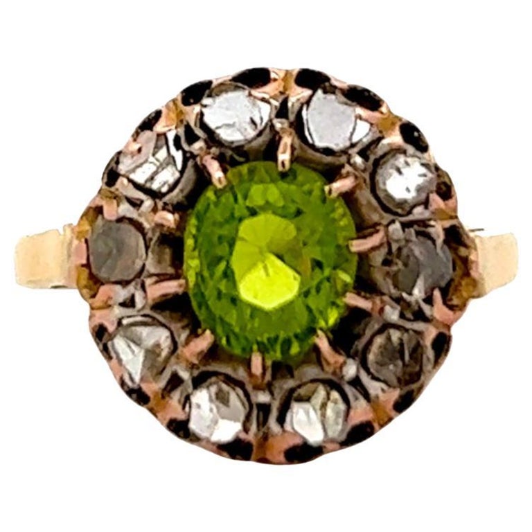 Antique Inspired 1.73 Carats Peridot Diamond 14 Karat Gold Cluster Ring