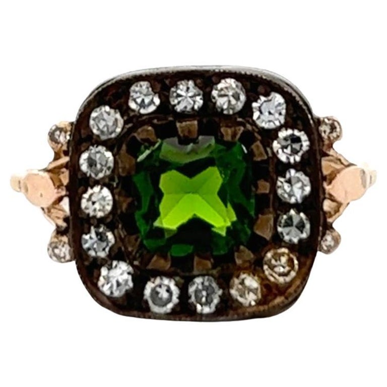 Antique Inspired Peridot Silver 14 Karat Yellow Gold Ring