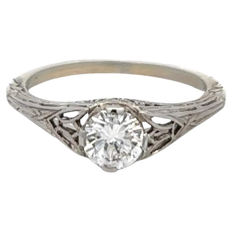 Edwardian GIA 0.53 Carat Round Brilliant Cut Diamond 18k White Gold Filigree Ring