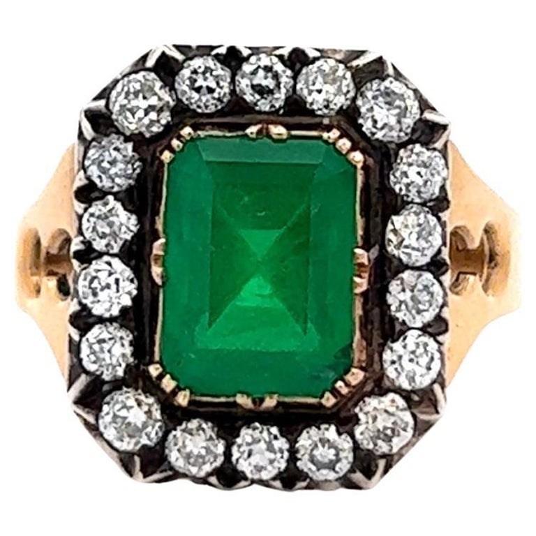 Victorian Revival GIA Brazilian Emerald Diamond Silver Yellow Gold Cluster Ring