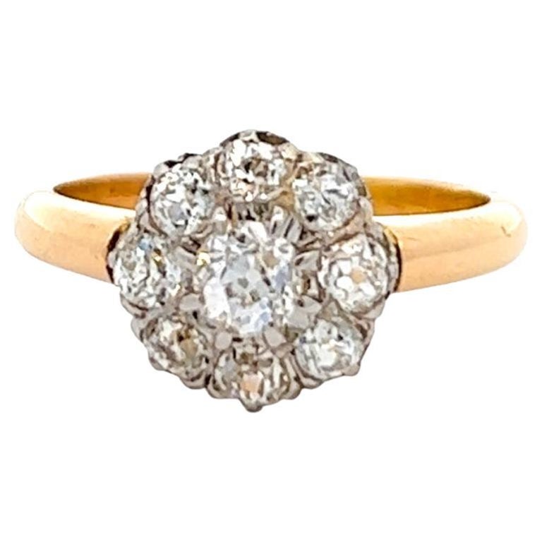 Antique French Diamond Platinum 18k Yellow Gold Cluster Ring