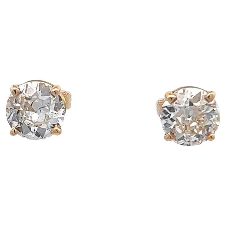 Vintage GIA Old European Cut Diamond 14 Karat Yellow Gold Stud Earrings