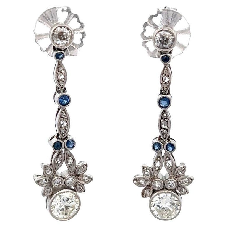 Art Deco Inspired Diamond Sapphire Platinum Earrings