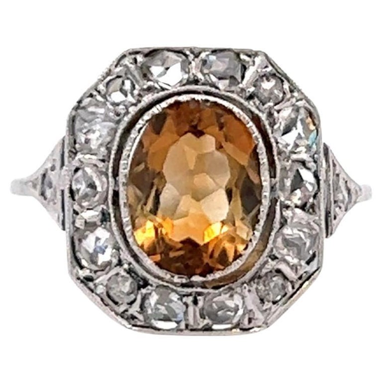 Art Deco Citrine Diamond 14 Karat White Gold Cluster Ring