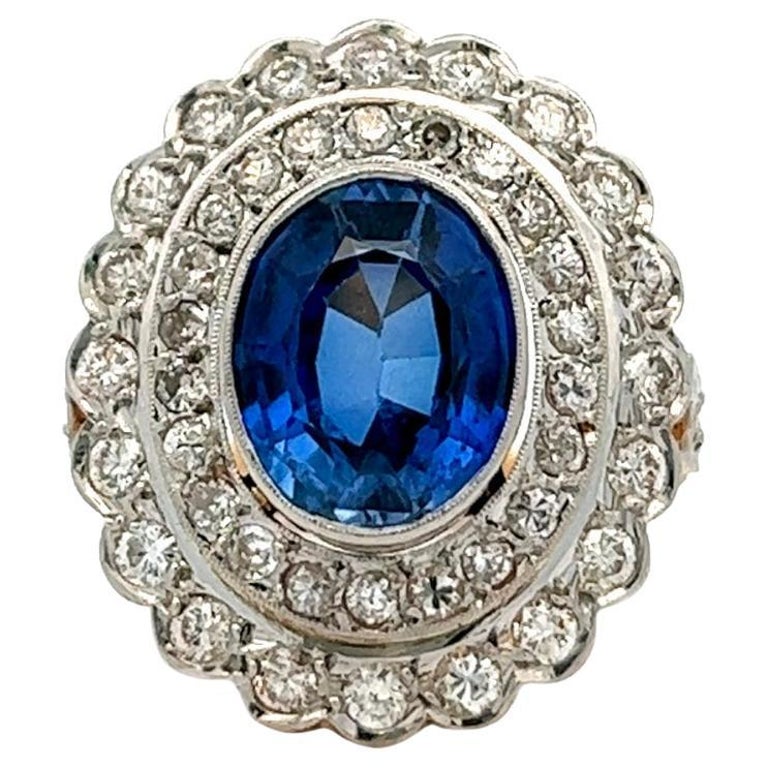 Antique French CGL 4.25 Carats Sri Lanka No Heat Sapphire Platinum Gold Cluster Ring