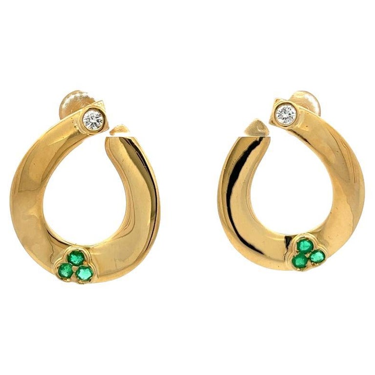 Vintage Italian Emerald Diamond 18 Karat Yellow Gold Hoop Earrings