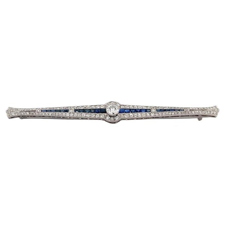 Art Deco French Diamond Sapphire Platinum Bar Brooch