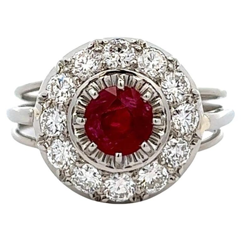 Mid Century French 1.14 Carats Ruby Diamond Platinum Cocktail Ring