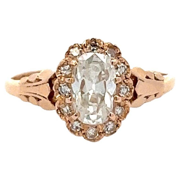 Late Victorian GIA 0.80 Carats Cushion Cut Diamond 14k Rose Gold Cluster Ring