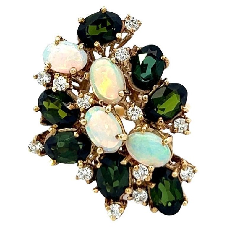 Vintage Opal Tourmaline Diamond 18 Karat Yellow Gold Cocktail Ring