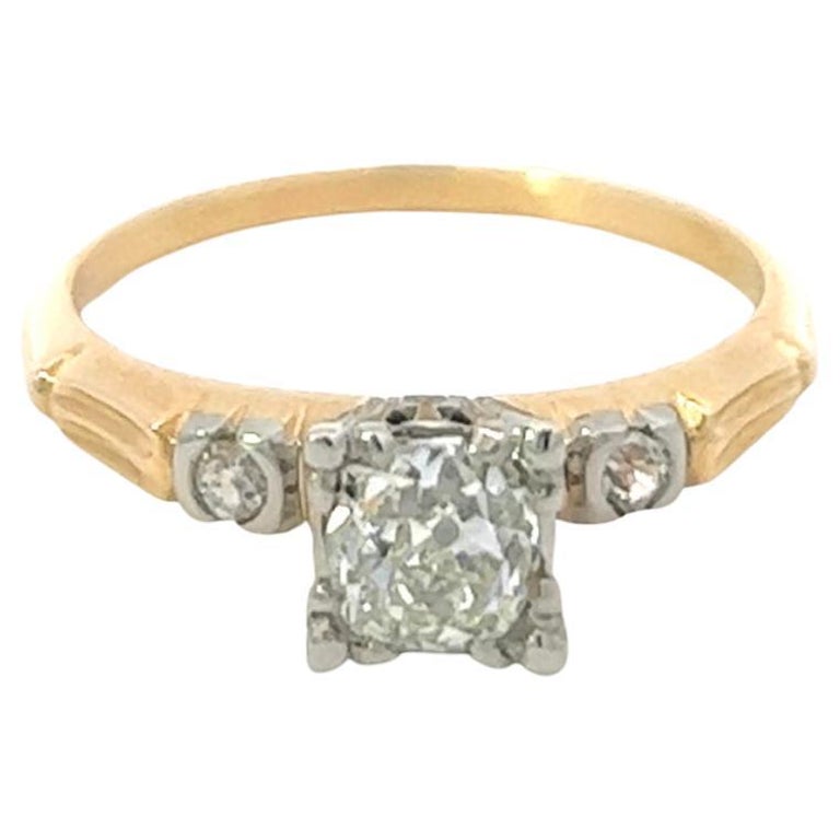 Retro GIA 0.65 Carats Old Mine Cut Diamond 14k Yellow Gold Palladium Three Stone Ring