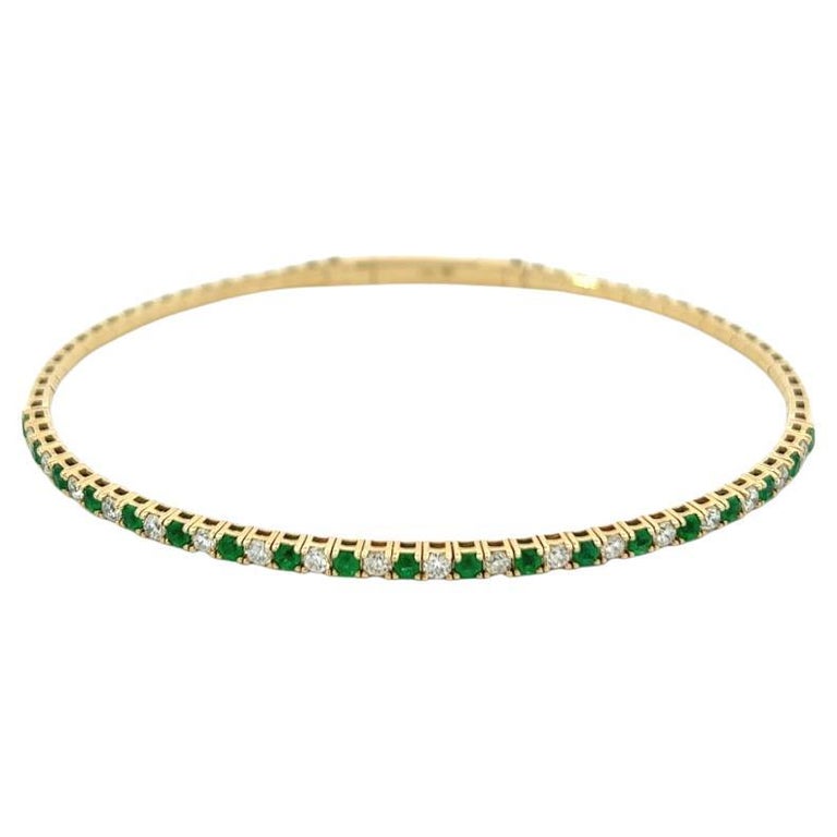 Diamond Emerald 14 Karat Yellow Gold Bangle Bracelet