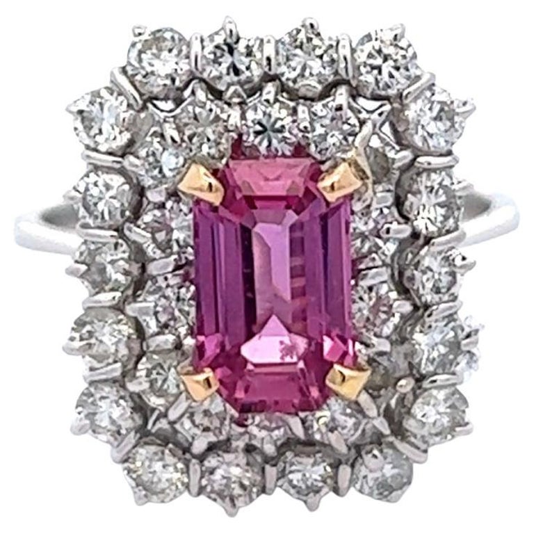 Vintage GIA 2.14 Carats Purple-Pink Sapphire Diamond 18 Karat White Gold Cluster Ring