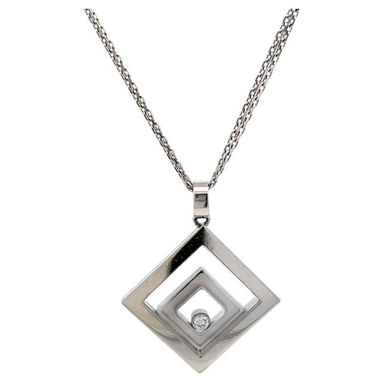 Vintage Chopard Swiss Diamond 18 Karat White Gold Square Happy Spirit Necklace