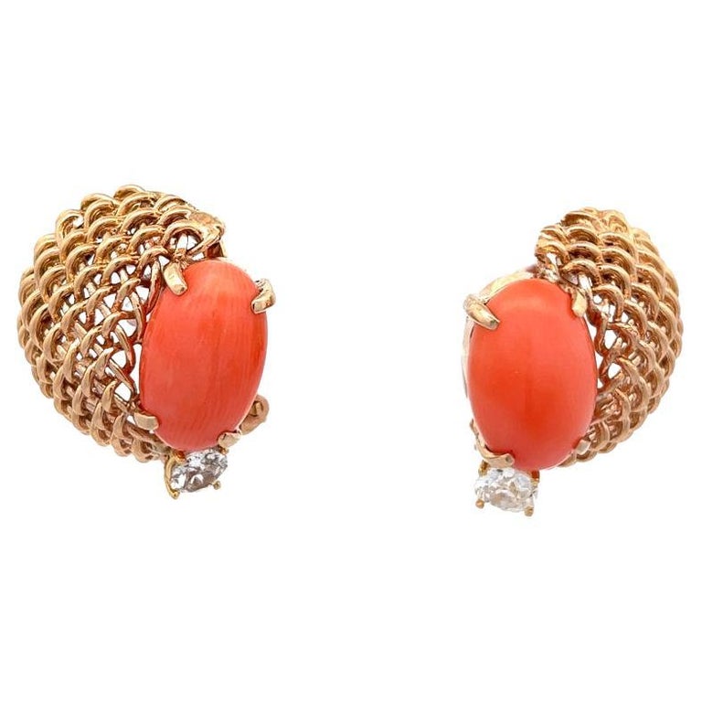 Mid Century Seaman Schepps Coral Diamond 14 Karat Yellow Gold Ear Clip Earrings