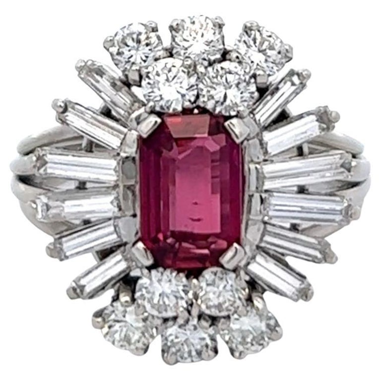 Mid Century French 1.47 Carats Ruby Diamond Platinum Cluster Ring