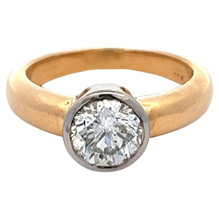 Vintage Paris France GIA 1.23 Carats Round Brilliant Cut Diamond 14k Gold Bezel Set Ring