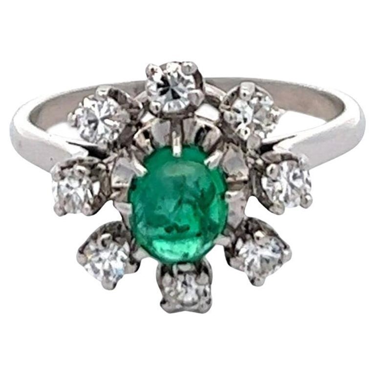 Mid Century French 0.64 Carats Emerald Diamond Platinum 18k White Gold Cluster Ring