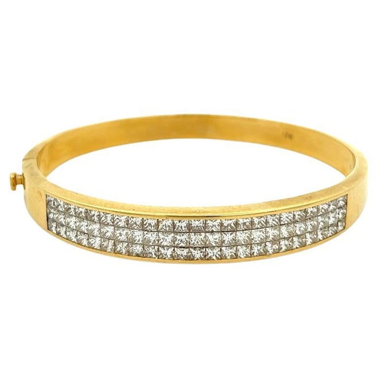Vintage Princess Cut Diamond 18 Karat Yellow Gold Hinged Bracelet