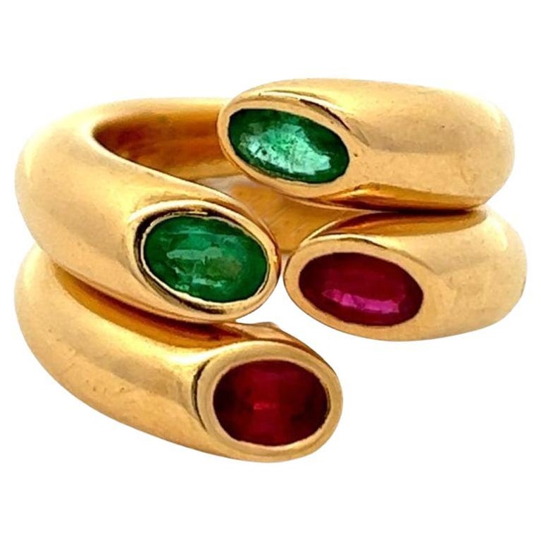 Vintage Cartier Gemstone 18k Yellow Gold Ellipse Deux Tetes Croisees Bypass Ring Set
