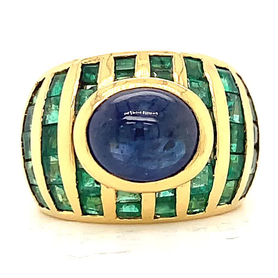 Vintage French Sapphire Emerald 18k Gold Cocktail Ring